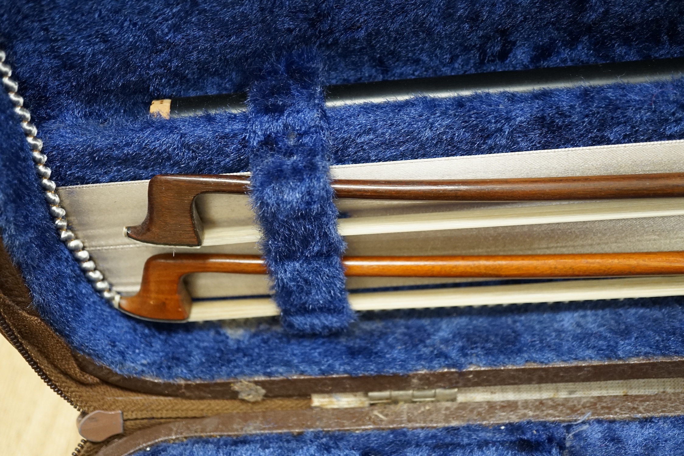 A cased 1830s violin by Didier Nicolas L'aine, branded inside the body, body length 36cm, with two bows, one bow stamped Louis Bazin CITES Submission references 7WRVMZ9B and F37GW7ZR